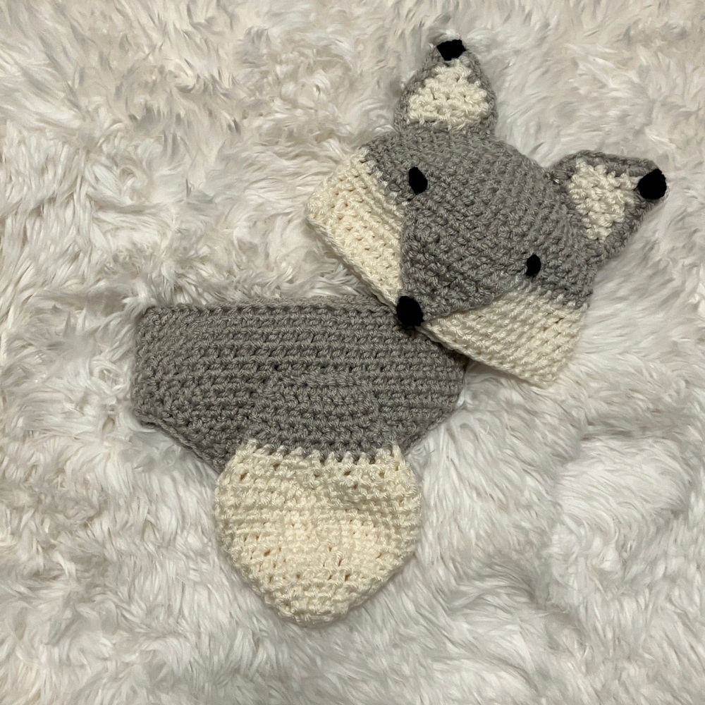 Gray and Cream Fox crocheted hat and diaper cover Set
